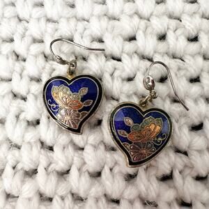 Vintage Unmarked Blue Cloisonne Butterfly Heart Shape Dangle Earrings Pierced